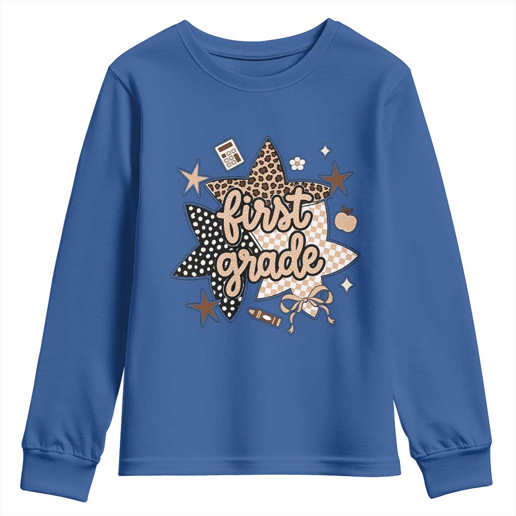First Grade Leopard Checkered Star Coquette Youth Sweatshirt Cute 1st Grade Girl Back to School Gift