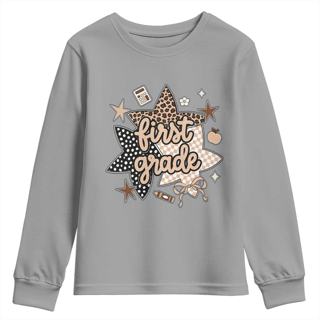 First Grade Leopard Checkered Star Coquette Youth Sweatshirt Cute 1st Grade Girl Back to School Gift