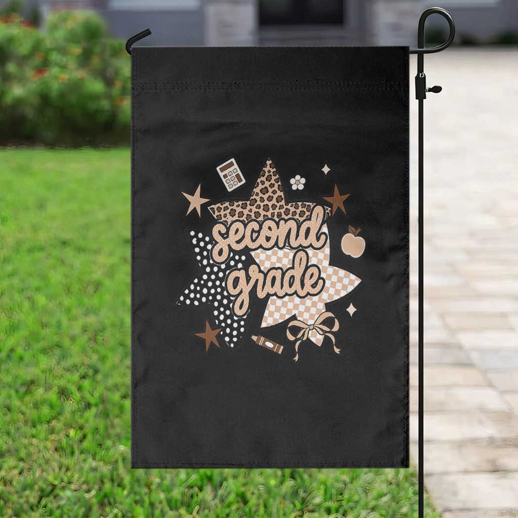 Second Grade Leopard Checkered Star Coquette Garden Flag Cute 2nd Grade Girl Back to School Gift