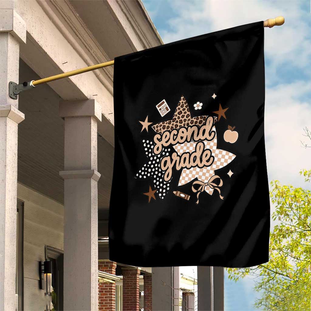 Second Grade Leopard Checkered Star Coquette Garden Flag Cute 2nd Grade Girl Back to School Gift