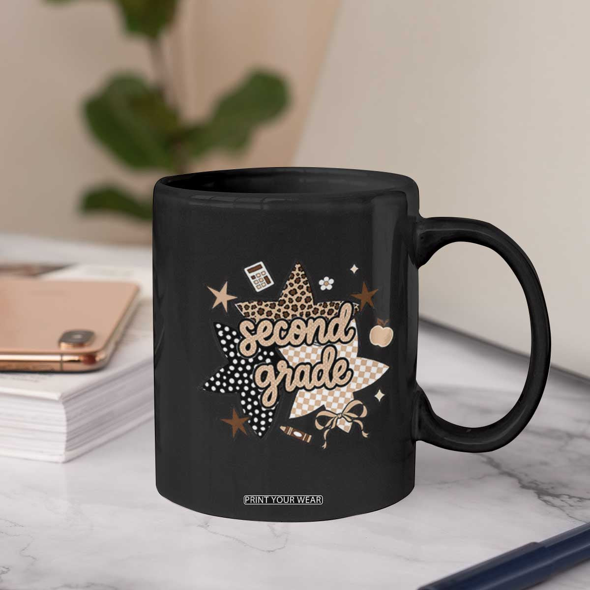 Second Grade Leopard Checkered Star Coquette Coffee Mug Cute 2nd Grade Girl Back to School Gift