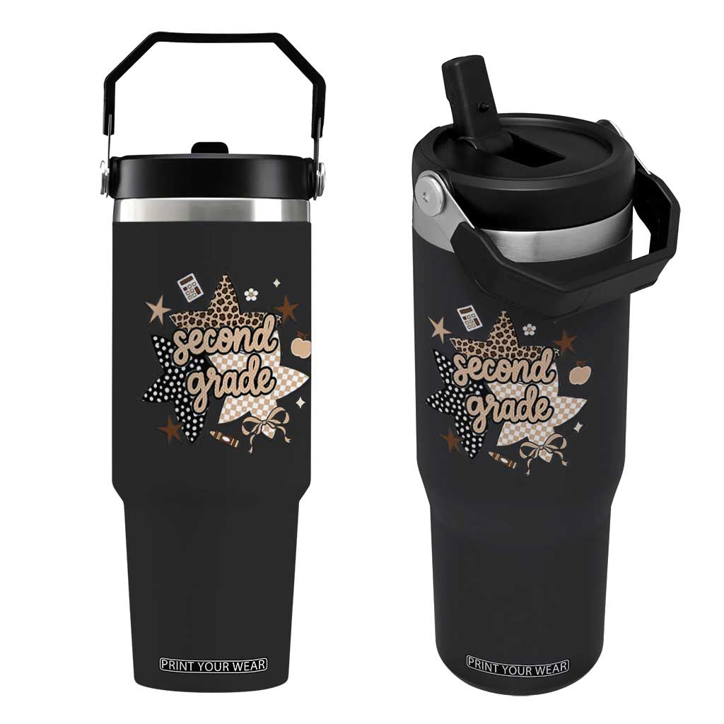 Second Grade Leopard Checkered Star Coquette Flip Straw Tumbler Cute 2nd Grade Girl Back to School Gift TS02 One Size: 30 oz Black Print Your Wear