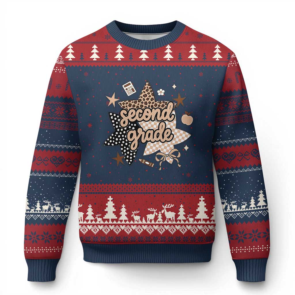 Second Grade Leopard Checkered Star Coquette Ugly Christmas Sweater Cute 2nd Grade Girl Back to School Gift TS02 Navy Red Print Your Wear