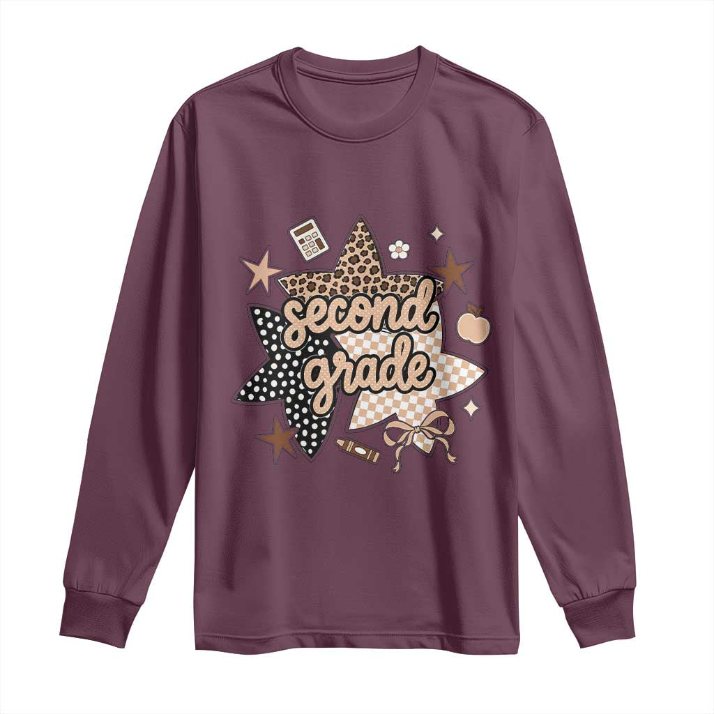 Second Grade Leopard Checkered Star Coquette Long Sleeve Shirt Cute 2nd Grade Girl Back to School Gift