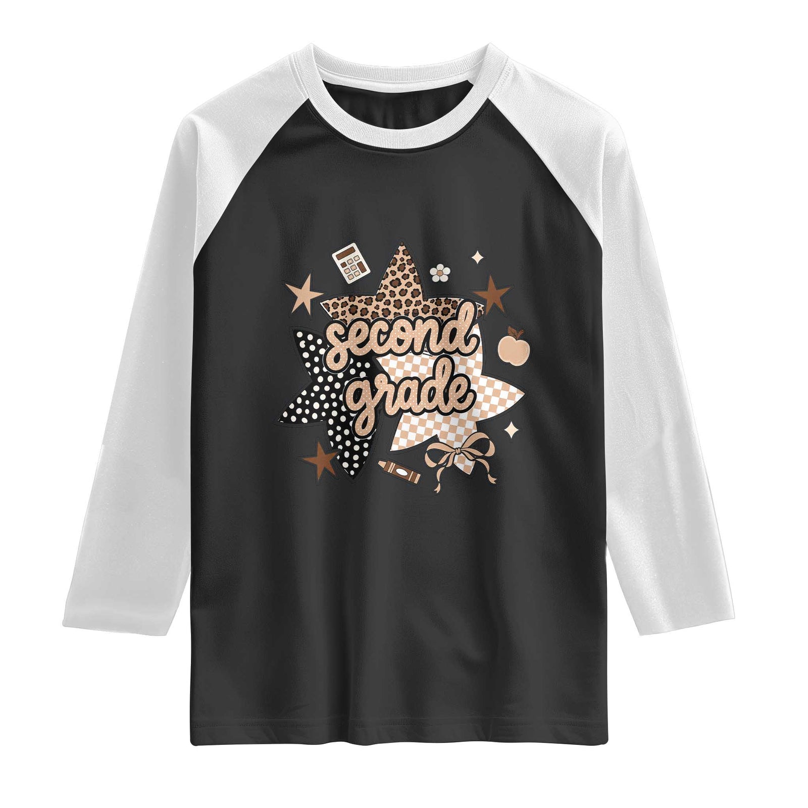 Second Grade Leopard Checkered Star Coquette Raglan Shirt Cute 2nd Grade Girl Back to School Gift TS02 Black White Print Your Wear