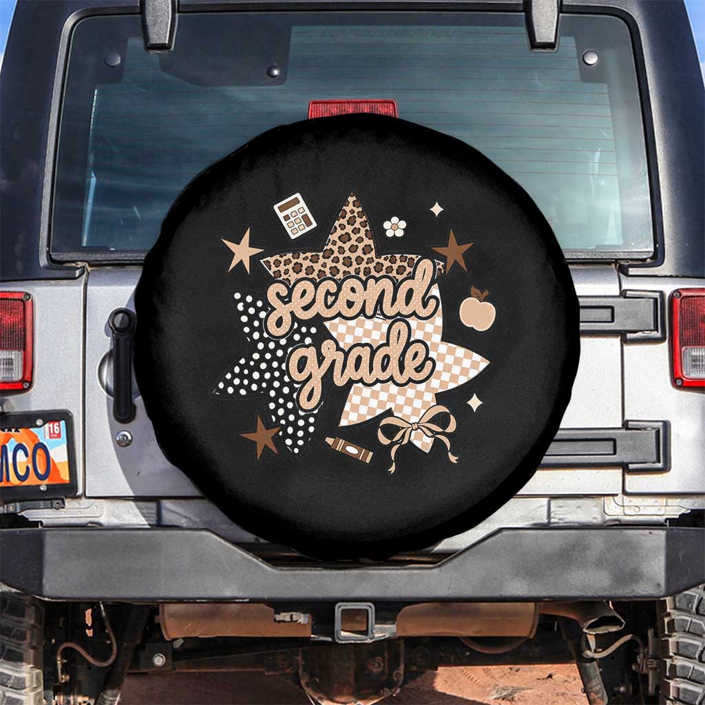 Second Grade Leopard Checkered Star Coquette Spare Tire Cover Cute 2nd Grade Girl Back to School Gift TS02 No hole Black Print Your Wear