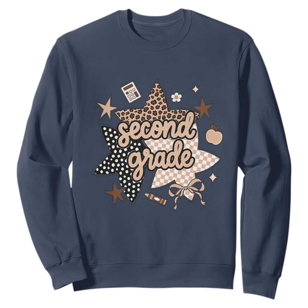 Second Grade Leopard Checkered Star Coquette Sweatshirt Cute 2nd Grade Girl Back to School Gift