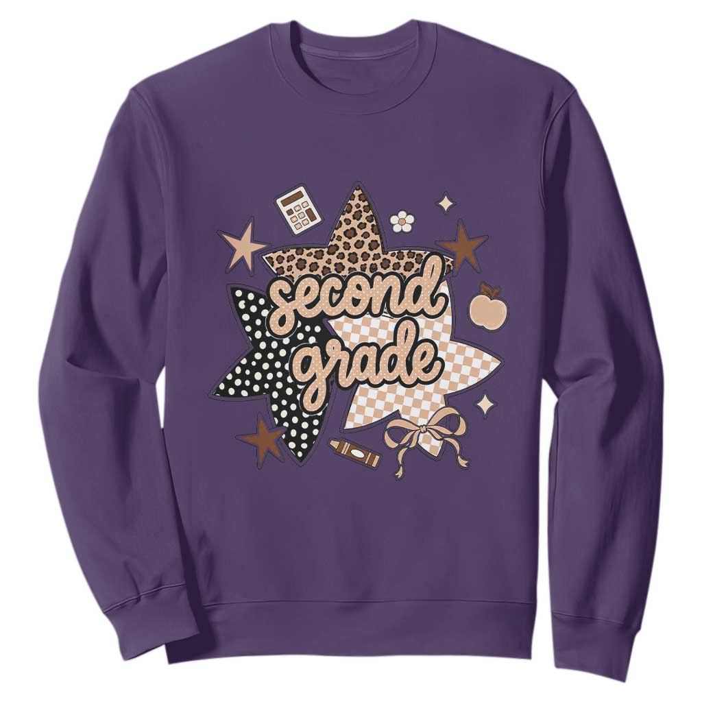 Second Grade Leopard Checkered Star Coquette Sweatshirt Cute 2nd Grade Girl Back to School Gift