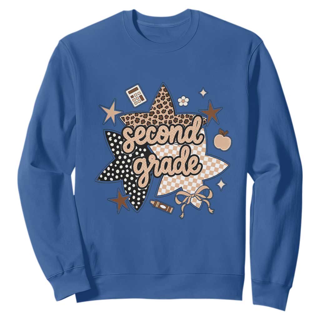 Second Grade Leopard Checkered Star Coquette Sweatshirt Cute 2nd Grade Girl Back to School Gift