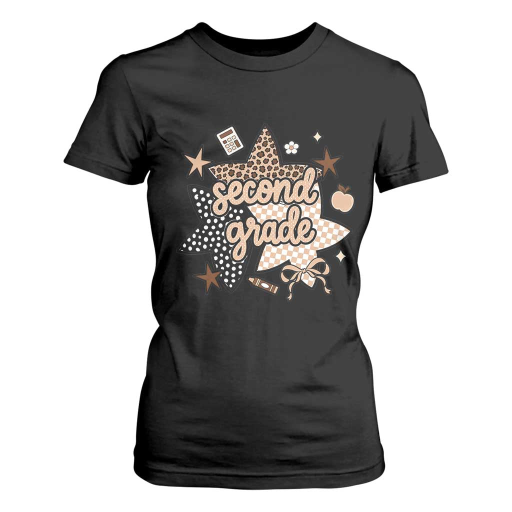 Second Grade Leopard Checkered Star Coquette T Shirt For Women Cute 2nd Grade Girl Back to School Gift