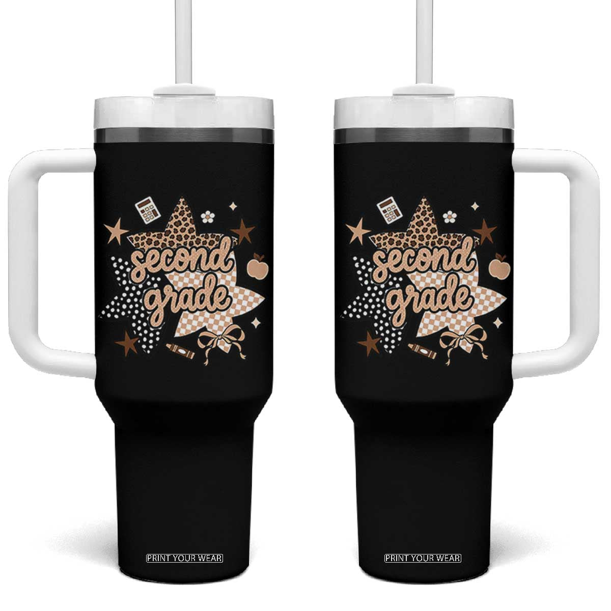 Second Grade Leopard Checkered Star Coquette Tumbler With Handle Cute 2nd Grade Girl Back to School Gift TS02 One Size: 40 oz Black Print Your Wear