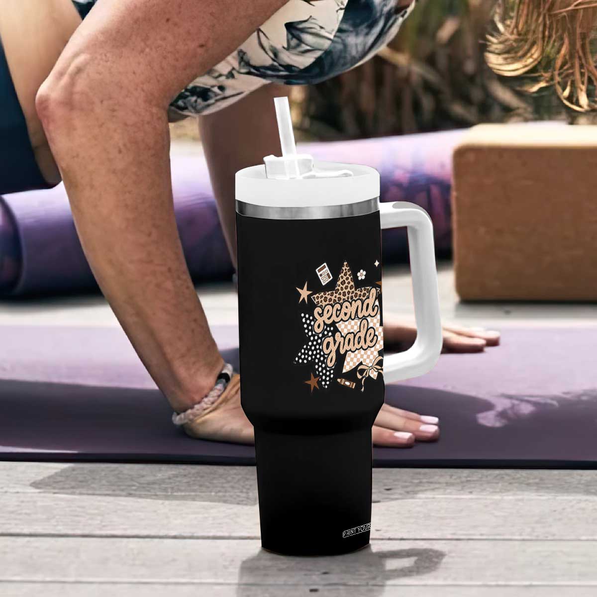 Second Grade Leopard Checkered Star Coquette Tumbler With Handle Cute 2nd Grade Girl Back to School Gift