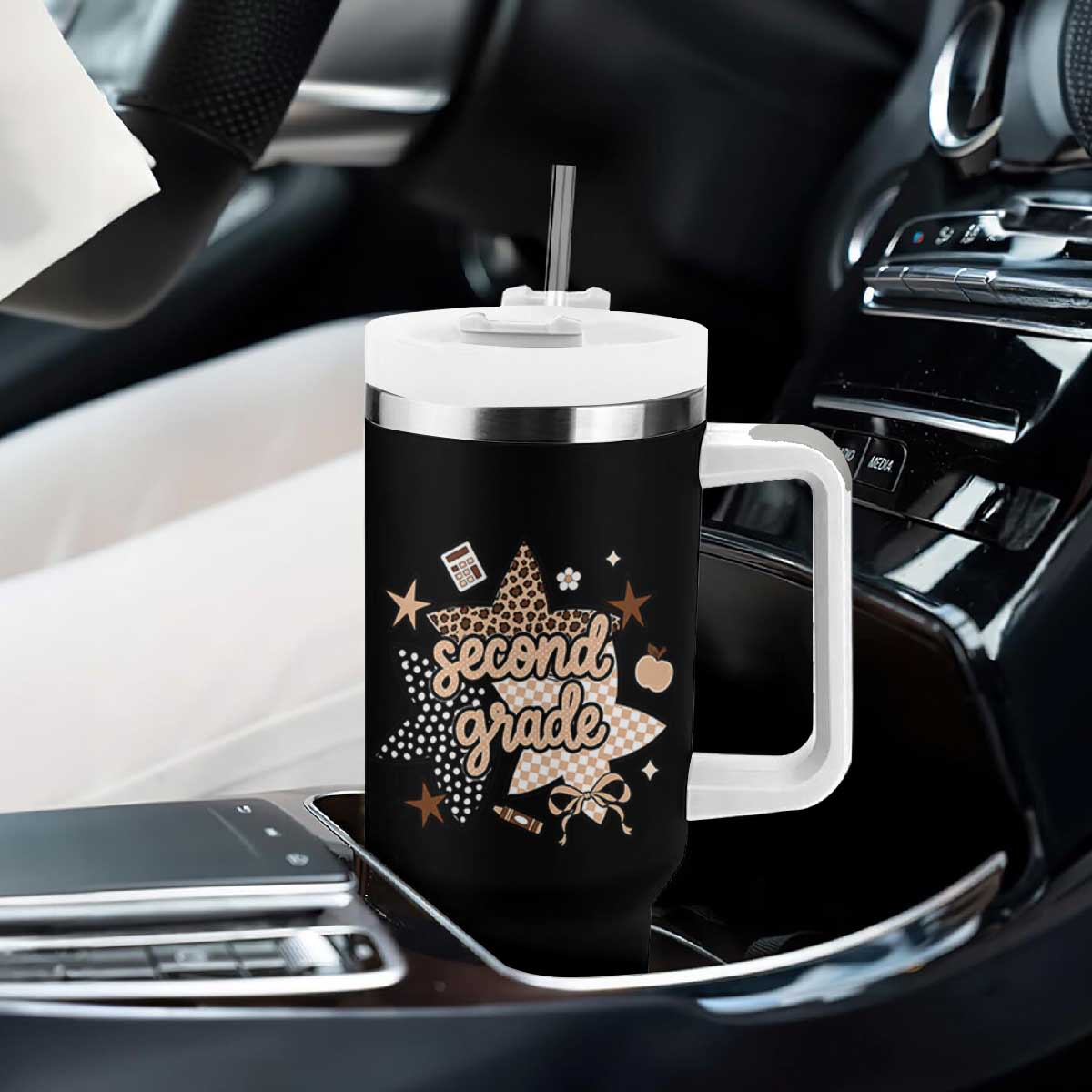 Second Grade Leopard Checkered Star Coquette Tumbler With Handle Cute 2nd Grade Girl Back to School Gift