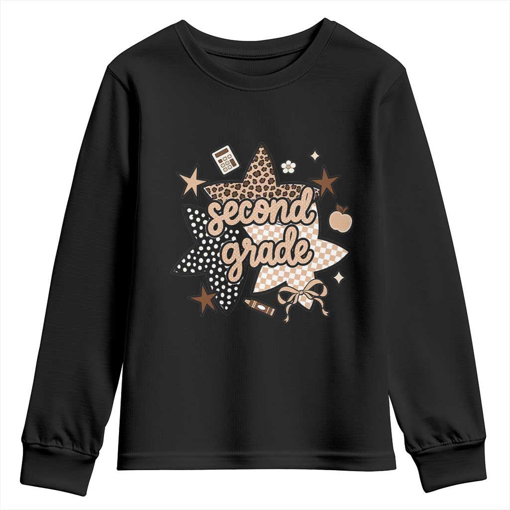 Second Grade Leopard Checkered Star Coquette Youth Sweatshirt Cute 2nd Grade Girl Back to School Gift TS02 Black Print Your Wear