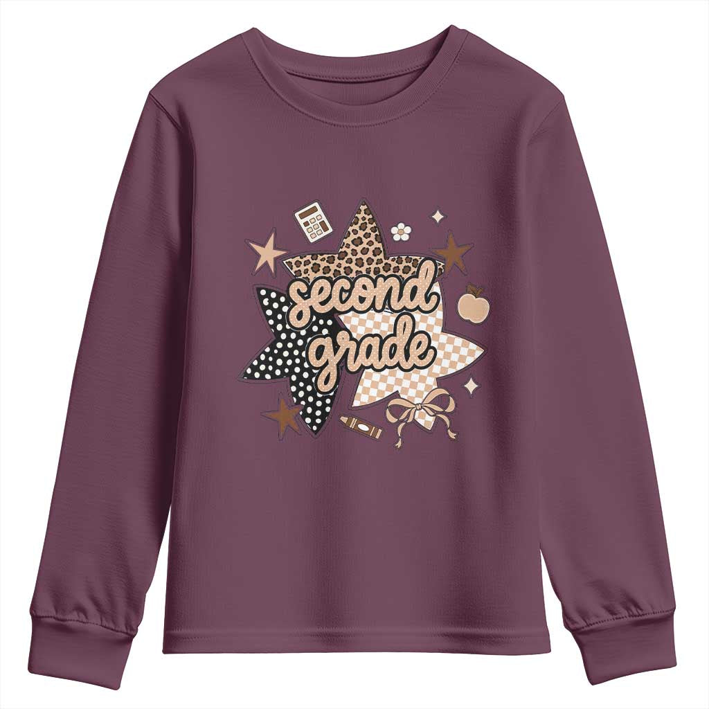Second Grade Leopard Checkered Star Coquette Youth Sweatshirt Cute 2nd Grade Girl Back to School Gift