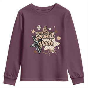 Second Grade Leopard Checkered Star Coquette Youth Sweatshirt Cute 2nd Grade Girl Back to School Gift