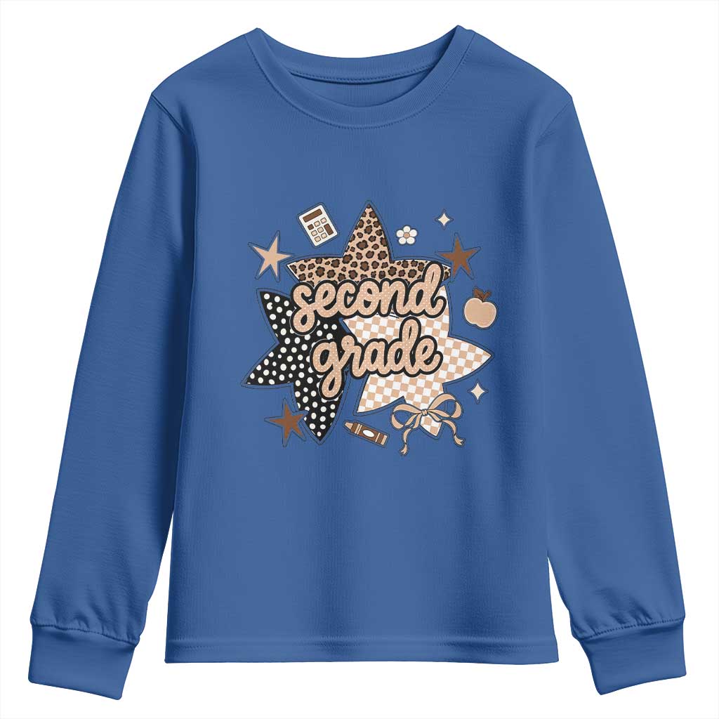 Second Grade Leopard Checkered Star Coquette Youth Sweatshirt Cute 2nd Grade Girl Back to School Gift