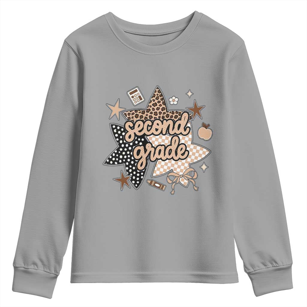 Second Grade Leopard Checkered Star Coquette Youth Sweatshirt Cute 2nd Grade Girl Back to School Gift
