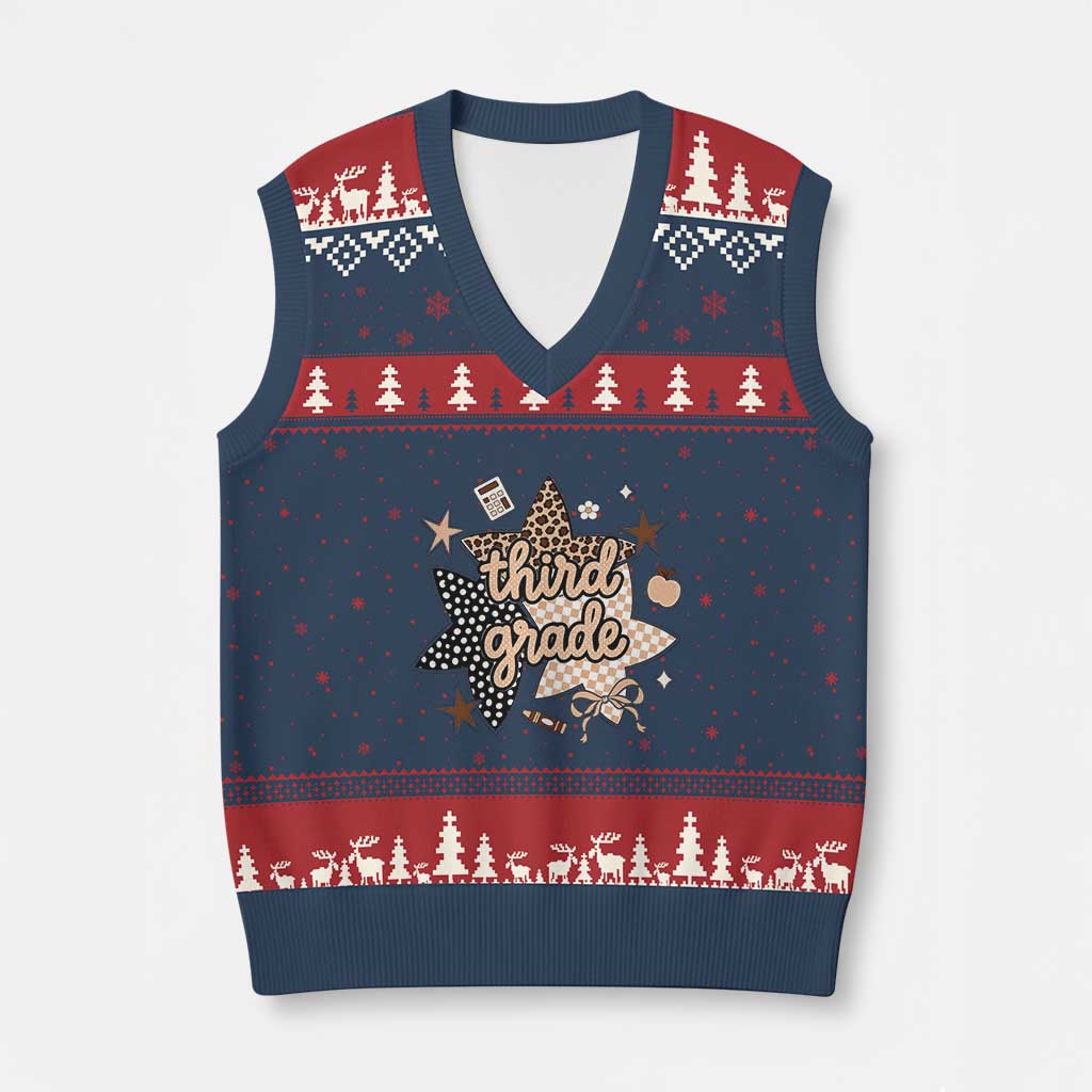 Third Grade Leopard Checkered Star Coquette V-Neck Knit Sweater Vest Cute 3rd Grade Girl Back to School Gift TS02 Navy Red Print Your Wear
