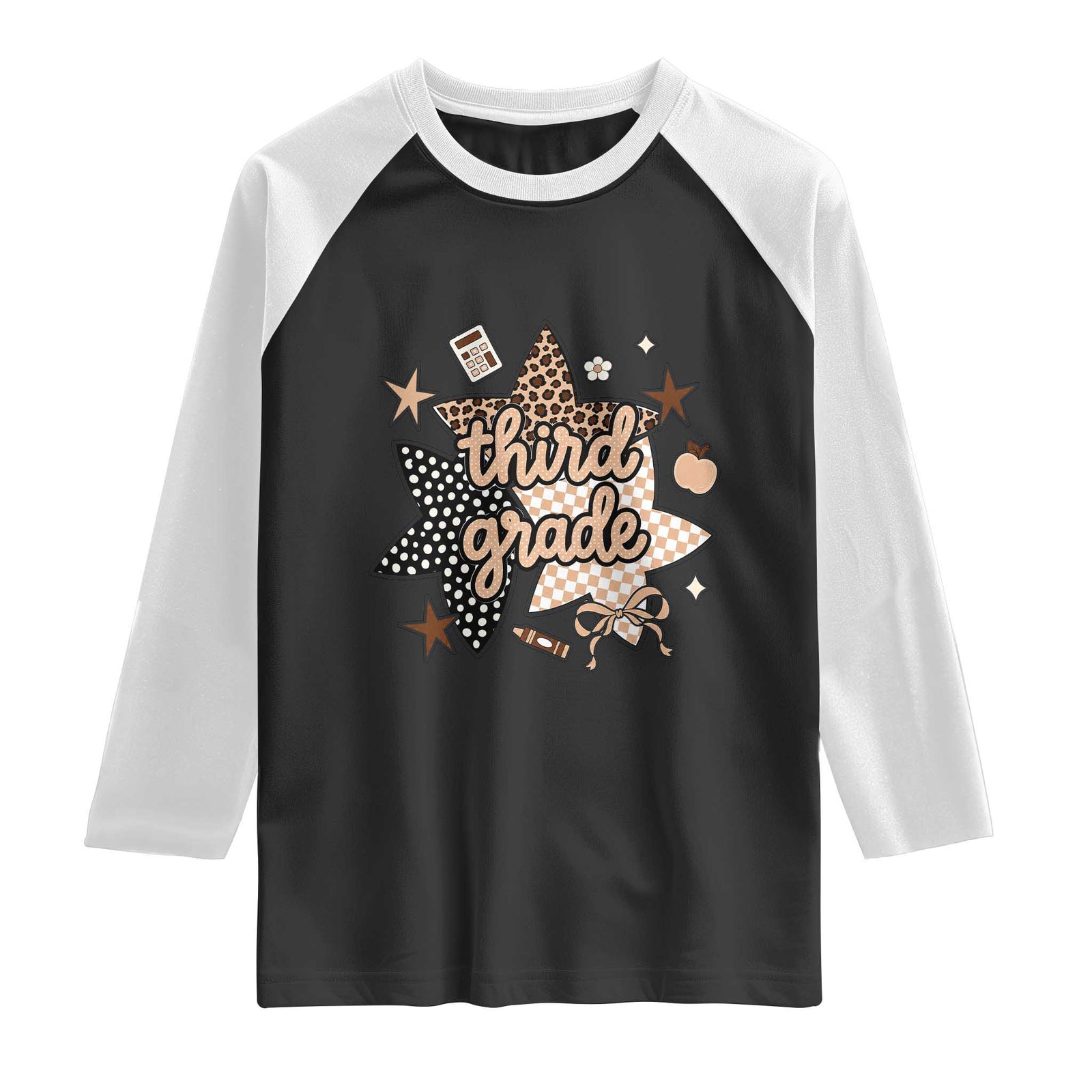Third Grade Leopard Checkered Star Coquette Raglan Shirt Cute 3rd Grade Girl Back to School Gift TS02 Black White Print Your Wear