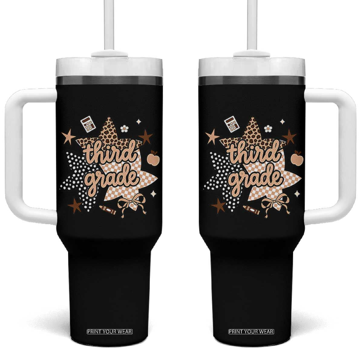 Third Grade Leopard Checkered Star Coquette Tumbler With Handle Cute 3rd Grade Girl Back to School Gift TS02 One Size: 40 oz Black Print Your Wear