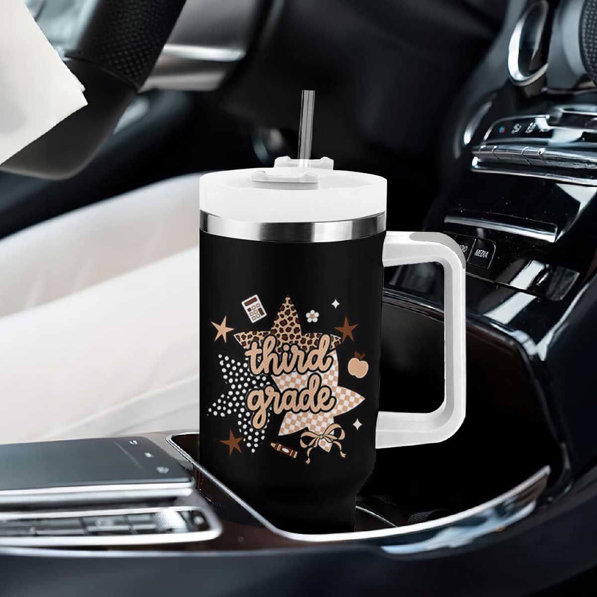Third Grade Leopard Checkered Star Coquette Tumbler With Handle Cute 3rd Grade Girl Back to School Gift