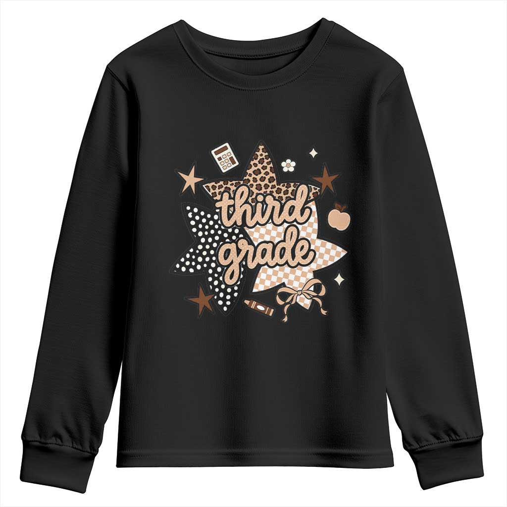 Third Grade Leopard Checkered Star Coquette Youth Sweatshirt Cute 3rd Grade Girl Back to School Gift TS02 Black Print Your Wear