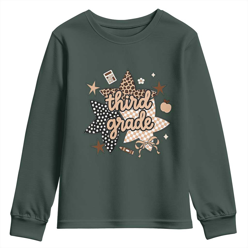 Third Grade Leopard Checkered Star Coquette Youth Sweatshirt Cute 3rd Grade Girl Back to School Gift