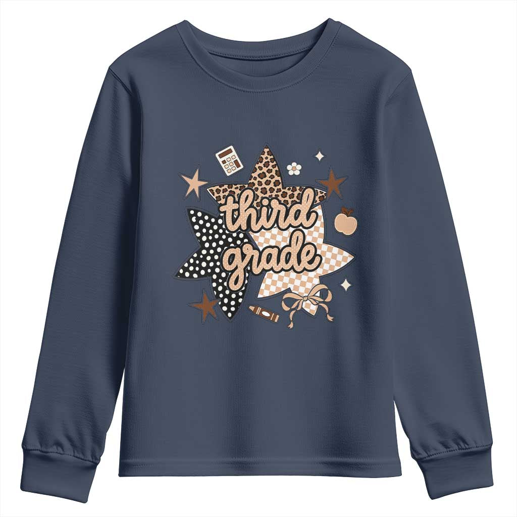 Third Grade Leopard Checkered Star Coquette Youth Sweatshirt Cute 3rd Grade Girl Back to School Gift
