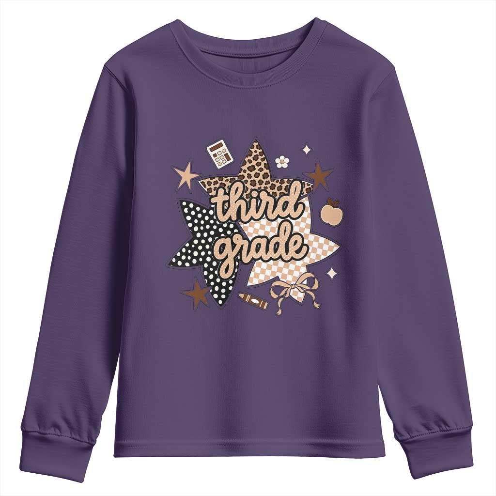 Third Grade Leopard Checkered Star Coquette Youth Sweatshirt Cute 3rd Grade Girl Back to School Gift