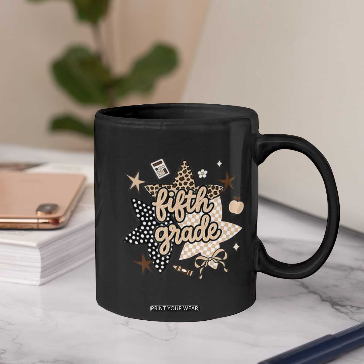 Fifth Grade Leopard Checkered Star Coquette Coffee Mug Cute 5th Grade Girl Back to School Gift