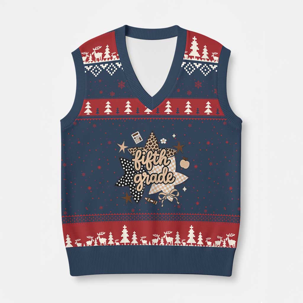 Fifth Grade Leopard Checkered Star Coquette V-Neck Knit Sweater Vest Cute 5th Grade Girl Back to School Gift TS02 Navy Red Print Your Wear