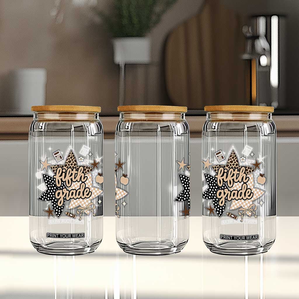 Fifth Grade Leopard Checkered Star Coquette Glass Can Cute 5th Grade Girl Back to School Gift