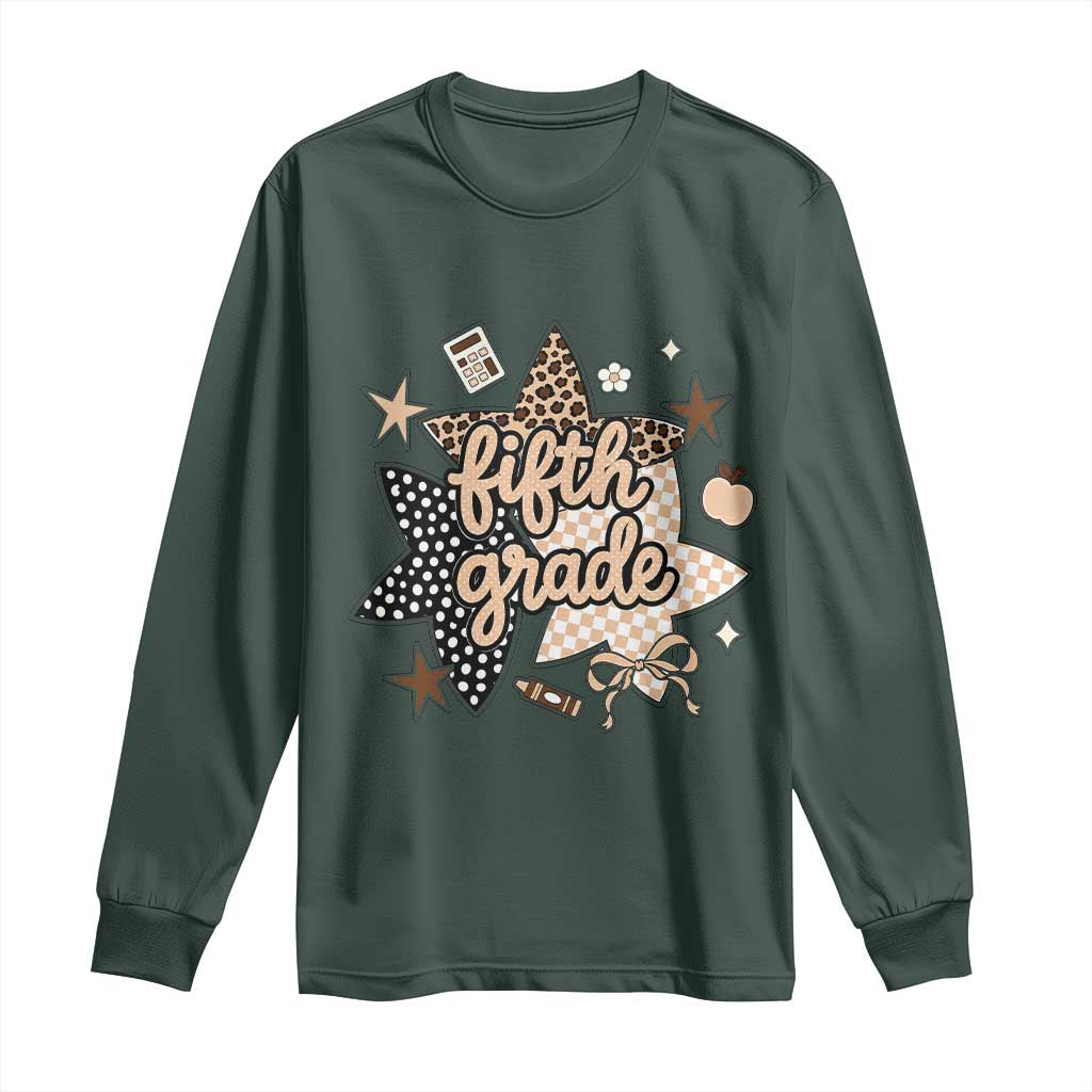 Fifth Grade Leopard Checkered Star Coquette Long Sleeve Shirt Cute 5th Grade Girl Back to School Gift