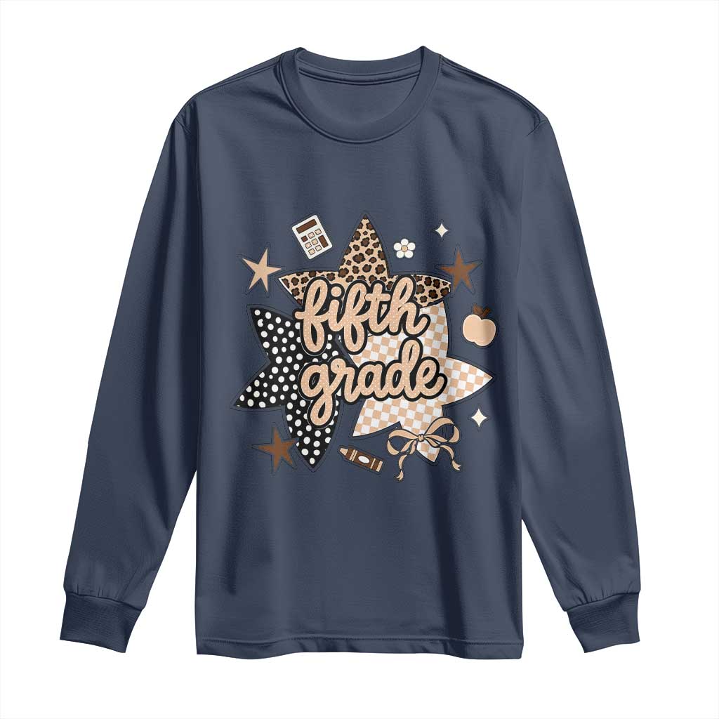 Fifth Grade Leopard Checkered Star Coquette Long Sleeve Shirt Cute 5th Grade Girl Back to School Gift