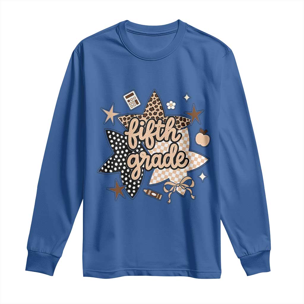 Fifth Grade Leopard Checkered Star Coquette Long Sleeve Shirt Cute 5th Grade Girl Back to School Gift