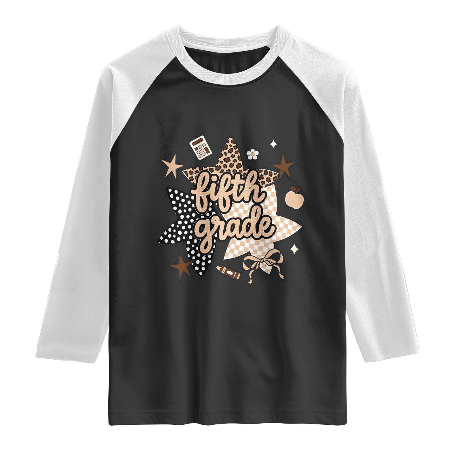 Fifth Grade Leopard Checkered Star Coquette Raglan Shirt Cute 5th Grade Girl Back to School Gift TS02 Black White Print Your Wear
