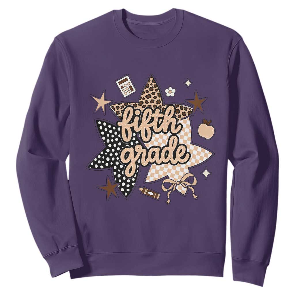Fifth Grade Leopard Checkered Star Coquette Sweatshirt Cute 5th Grade Girl Back to School Gift