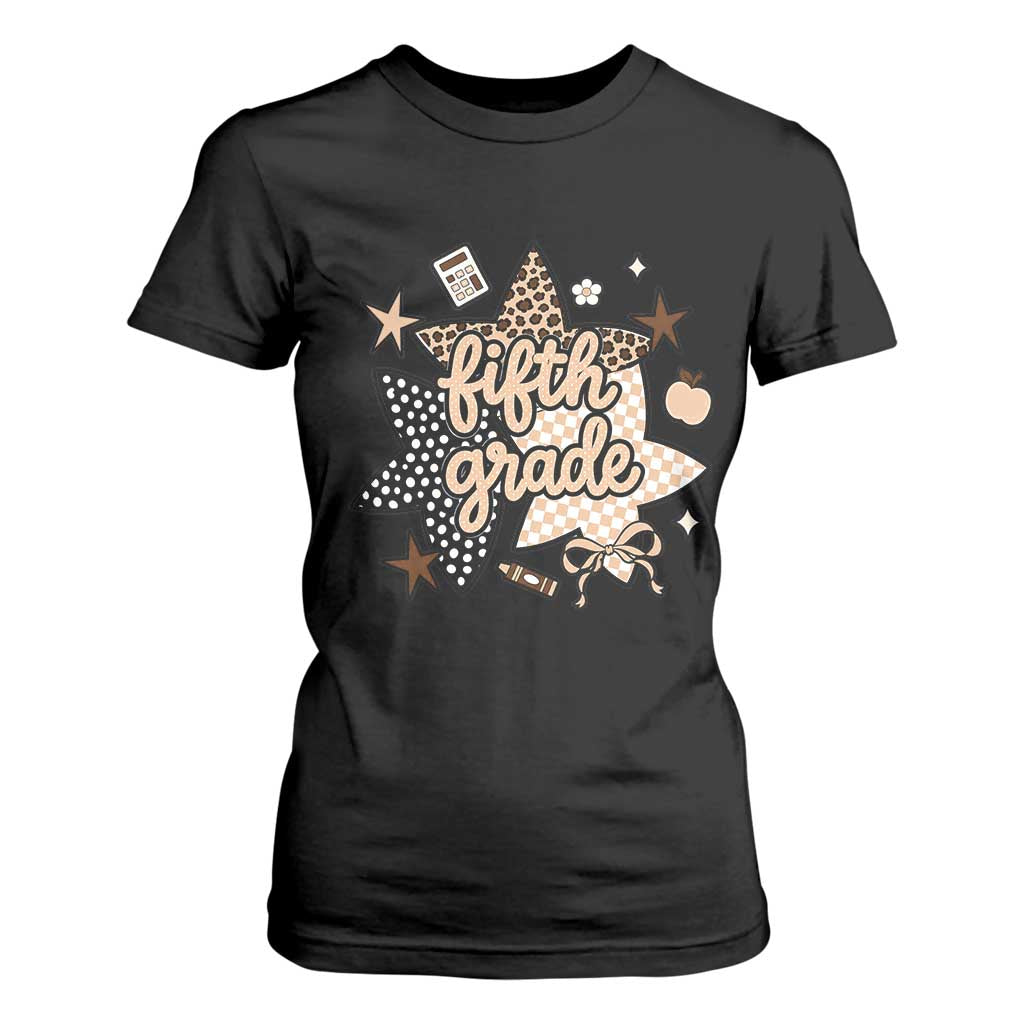 Fifth Grade Leopard Checkered Star Coquette T Shirt For Women Cute 5th Grade Girl Back to School Gift