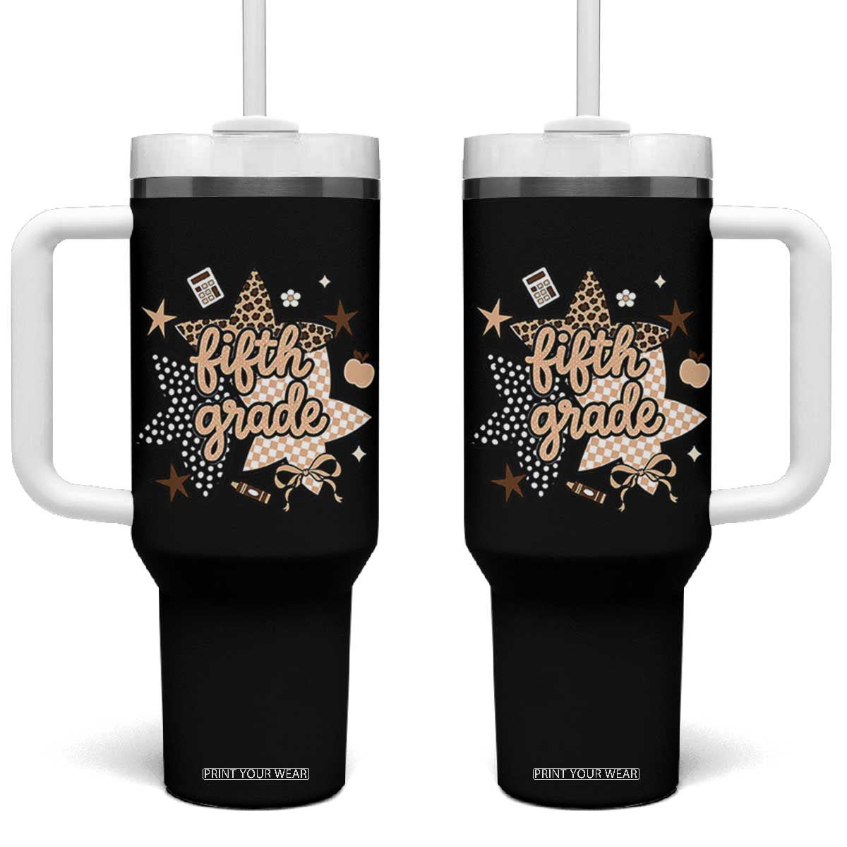 Fifth Grade Leopard Checkered Star Coquette Tumbler With Handle Cute 5th Grade Girl Back to School Gift TS02 One Size: 40 oz Black Print Your Wear
