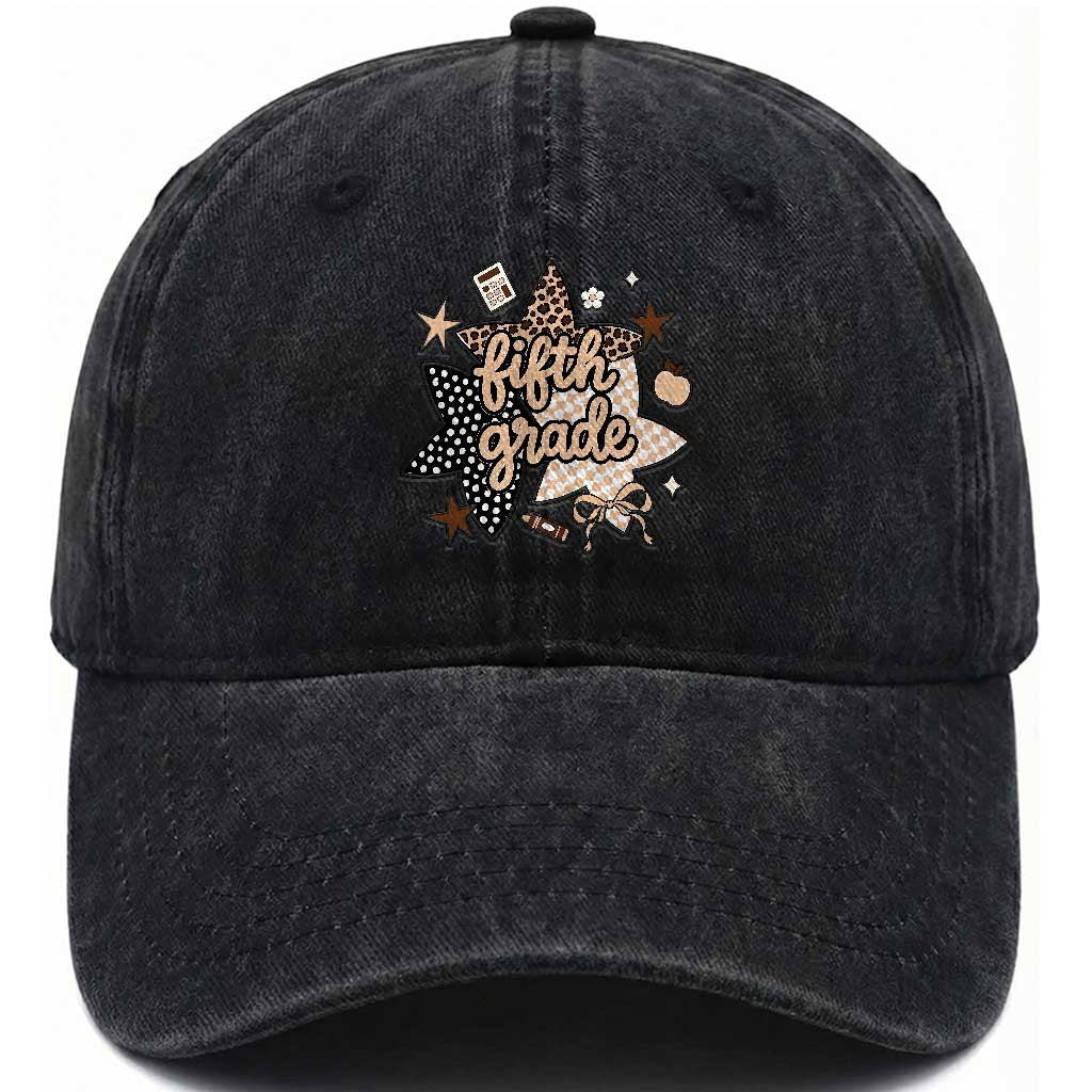 Fifth Grade Leopard Checkered Star Coquette Washed Cotton Baseball Cap Cute 5th Grade Girl Back to School Gift TS02 Print Your Wear