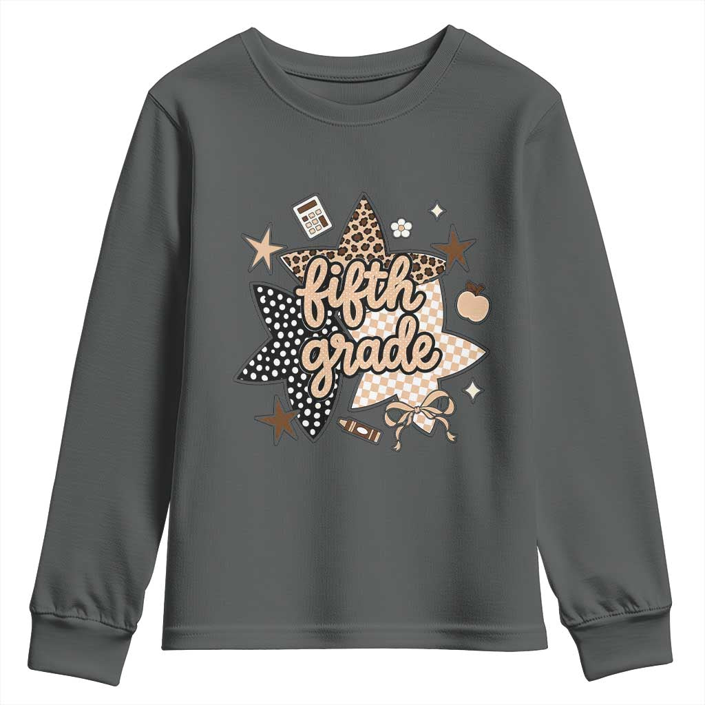 Fifth Grade Leopard Checkered Star Coquette Youth Sweatshirt Cute 5th Grade Girl Back to School Gift