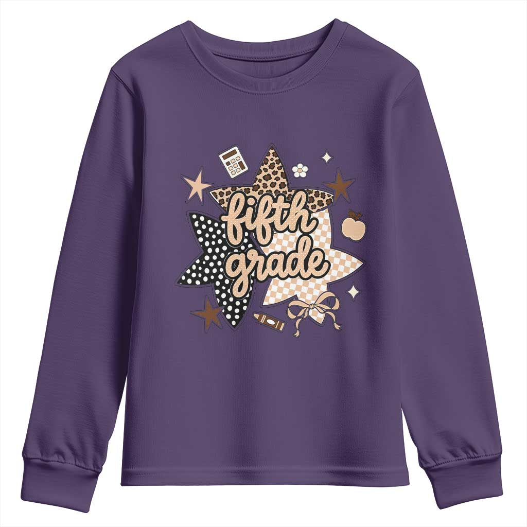 Fifth Grade Leopard Checkered Star Coquette Youth Sweatshirt Cute 5th Grade Girl Back to School Gift