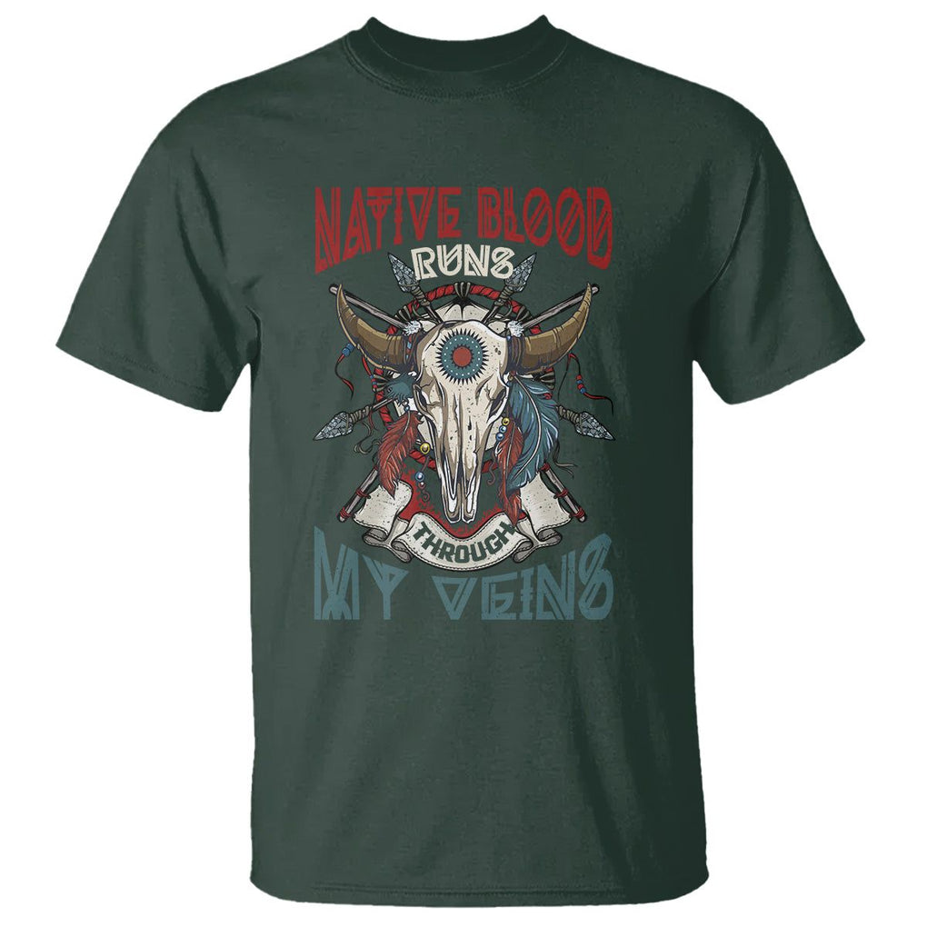Native American T Shirt Native Blood Runs Through My Veins Proud TS02 Dark Forest Green Printyourwear
