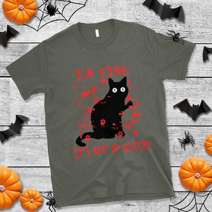 Funny Black Cat T Shirt It's Fine I'm Fine It's Not My Blood Halloween Joke TS02 Military Green Print Your Wear