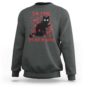 Funny Black Cat Sweatshirt It's Fine I'm Fine It's Not My Blood Halloween Joke TS02 Dark Heather Print Your Wear
