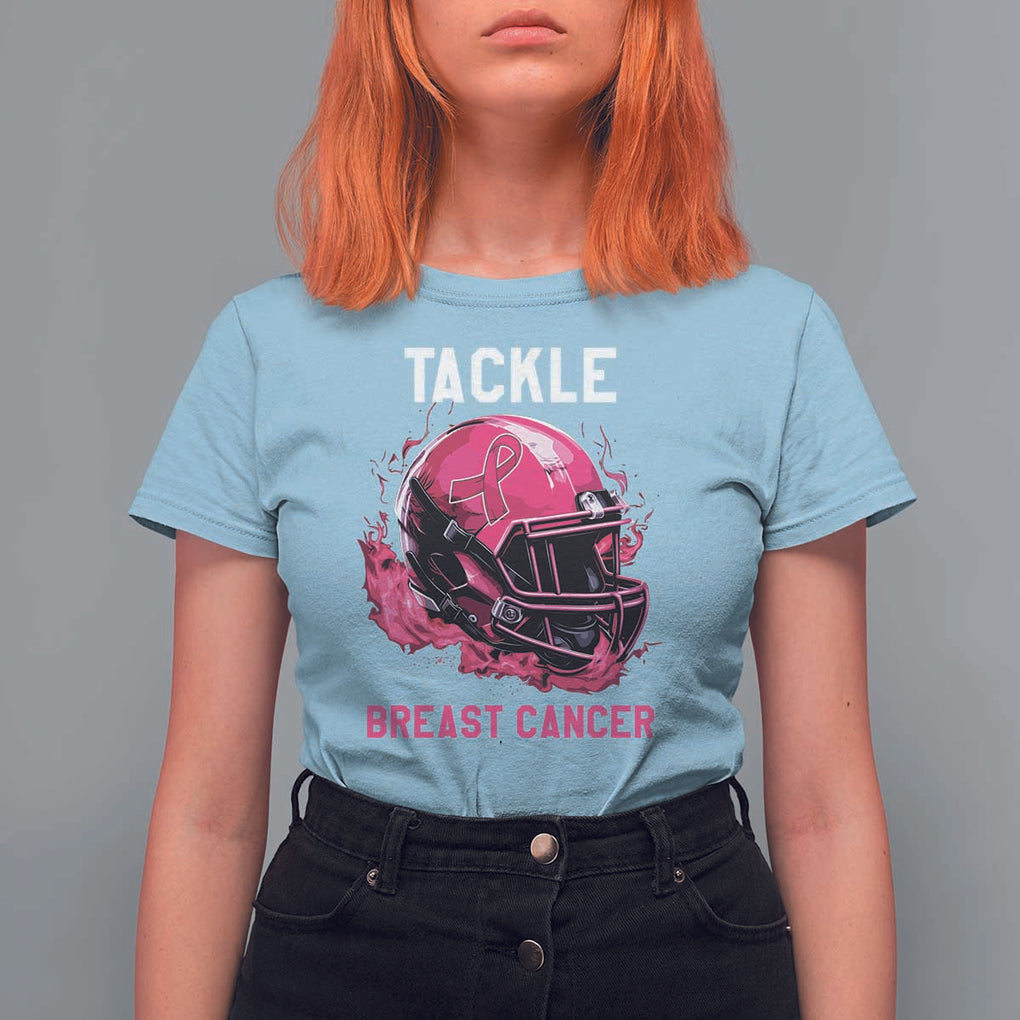 Tackle Breast Cancer T Shirt For Women Pink Ribbon Awareness American Football Helmet TS02 Light Blue Print Your Wear