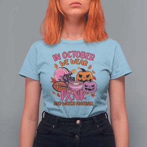 Breast Cancer Awareness T Shirt For Women In October We Wear Pink And Watch Football Season Fall Vibe TS02 Light Blue Print Your Wear