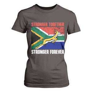 South Africa Rugby Springboks T Shirt For Women Stronger Together Stronger Forever Go Bokke TS02 Dark Chocolate Print Your Wear
