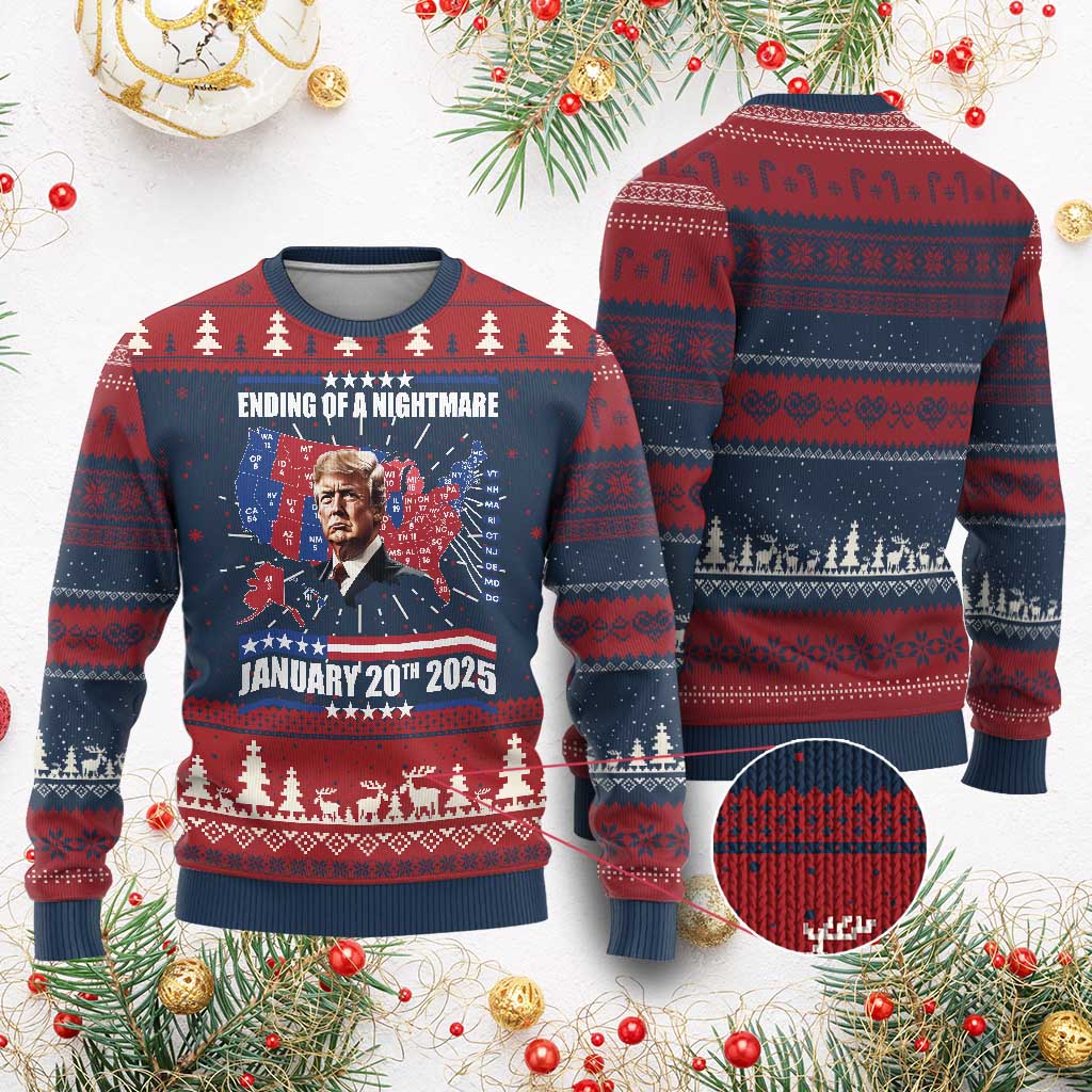 President Trump Inauguration Day 2025 Knit Sweatshirt Ending Of A Nightmare January 20th 2025 Red States Map TS02 Burgundy Print Your Wear